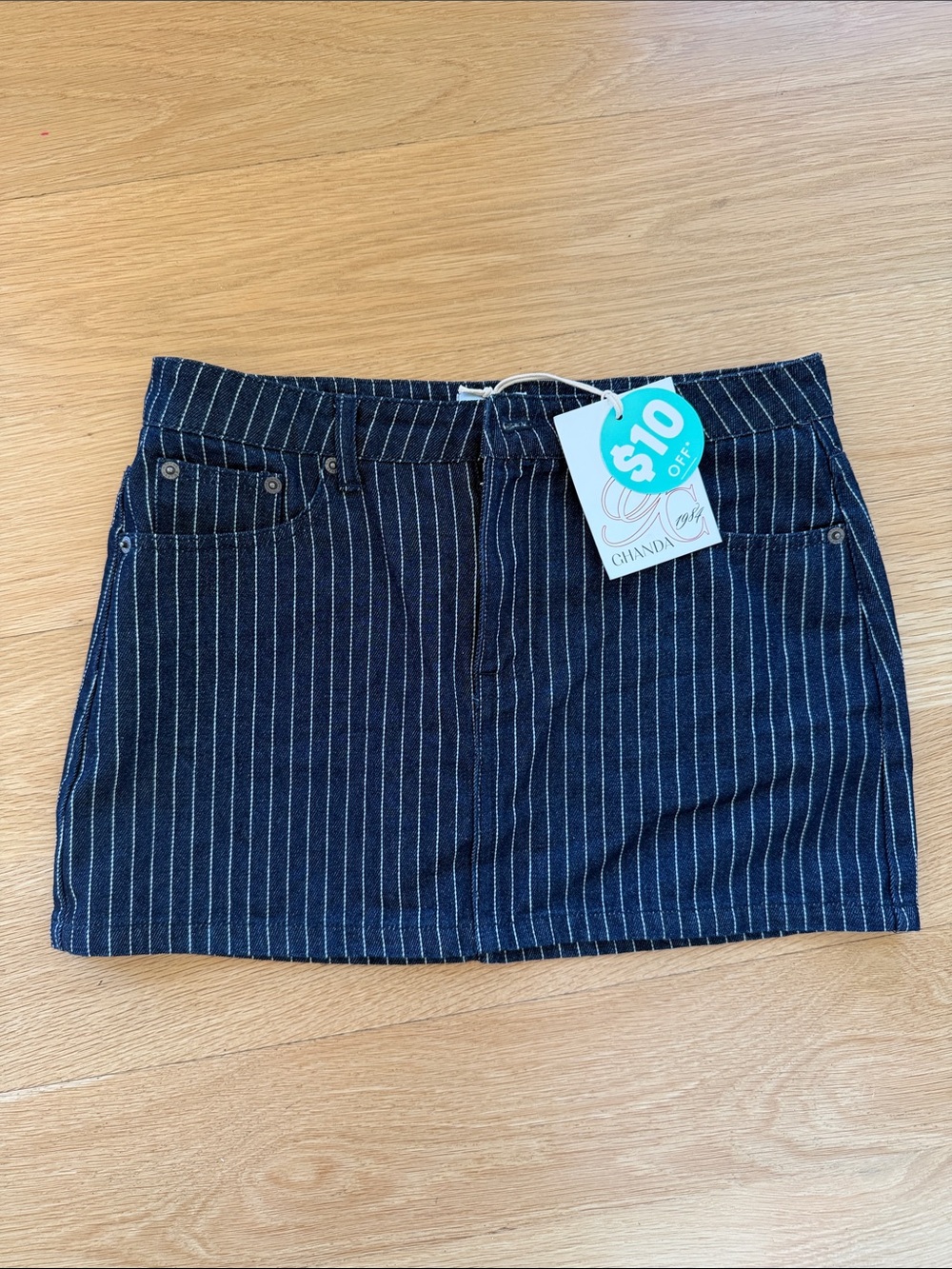 Ghanda Navy Pinstripe Denim Mini Skirt